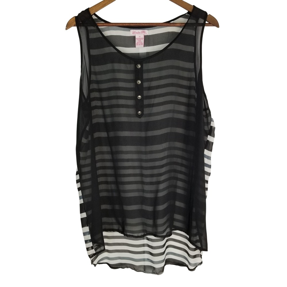 London Pie Womens 2X Striped Sleeveless Sheer Tunic Swim‎ Cover Black White